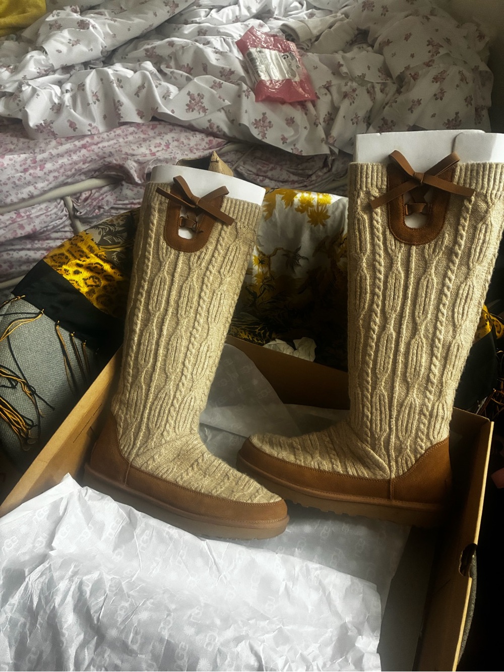 UGG Beige Knit Tall Boots with Chestnut Trim and Bow